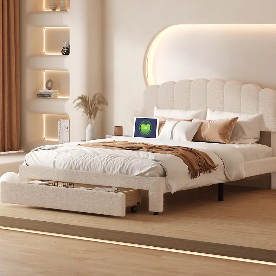 Fortuna lai Lit Double Rembourré 160 X 200 Cm, Ports De Charge USB Et Type C, Rangement, Polaire Teddy, Beige Online