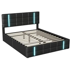 Fortuna lai Lit Double Rembourré 140 X 200 Cm, Avec LED, Cadre De Lit Avec Cadre Et Sommier à Lattes, Pu, Noir