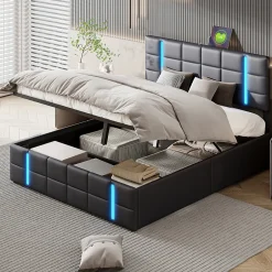 Fortuna lai Lit Double Rembourré 140 X 200 Cm, Avec LED, Cadre De Lit Avec Cadre Et Sommier à Lattes, Pu, Noir
