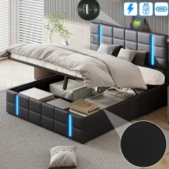 Fortuna lai Lit Double Rembourré 140 X 200 Cm, Avec LED, Cadre De Lit Avec Cadre Et Sommier à Lattes, Pu, Noir