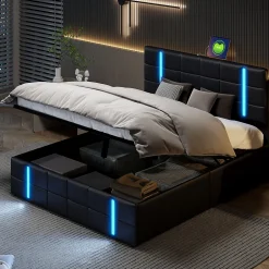 Fortuna lai Lit Double Rembourré 140 X 200 Cm, Avec LED, Cadre De Lit Avec Cadre Et Sommier à Lattes, Pu, Noir