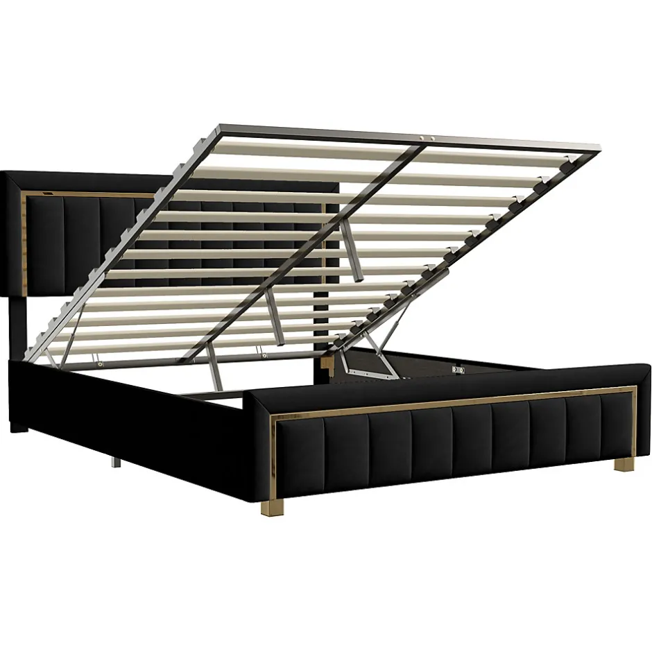 Generique lit double rembourré 160 x 200,lit coffre avec sommier,lit adulte 160 x 200 avec levier hydraulique,velours,noir