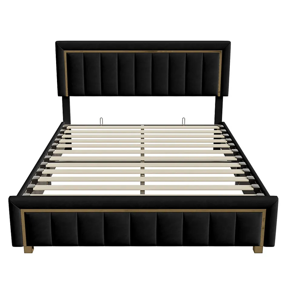 Generique lit double rembourré 160 x 200,lit coffre avec sommier,lit adulte 160 x 200 avec levier hydraulique,velours,noir