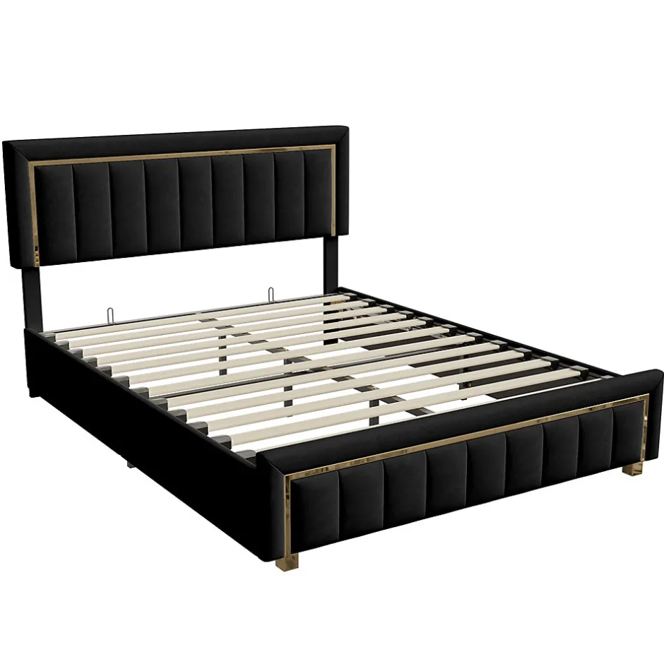 Generique lit double rembourré 160 x 200,lit coffre avec sommier,lit adulte 160 x 200 avec levier hydraulique,velours,noir
