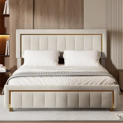 Simple Life lit double rembourré 160 x 200,lit coffre avec sommier,lit adulte 160 x 200 avec levier hydraulique,velours,beige