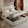 Simple Life lit double rembourré 140 x 200,lit coffre avec sommier,lit adulte 140 x 200 avec levier hydraulique,velours,beige