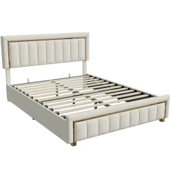 Simple Life lit double rembourré 140 x 200,lit coffre avec sommier,lit adulte 140 x 200 avec levier hydraulique,velours,beige