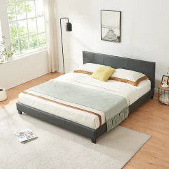 Corium Lit Double Rembourré Albacete Sommier à Lattes Similicuir 180 x 200 cm Gris Foncé Hot