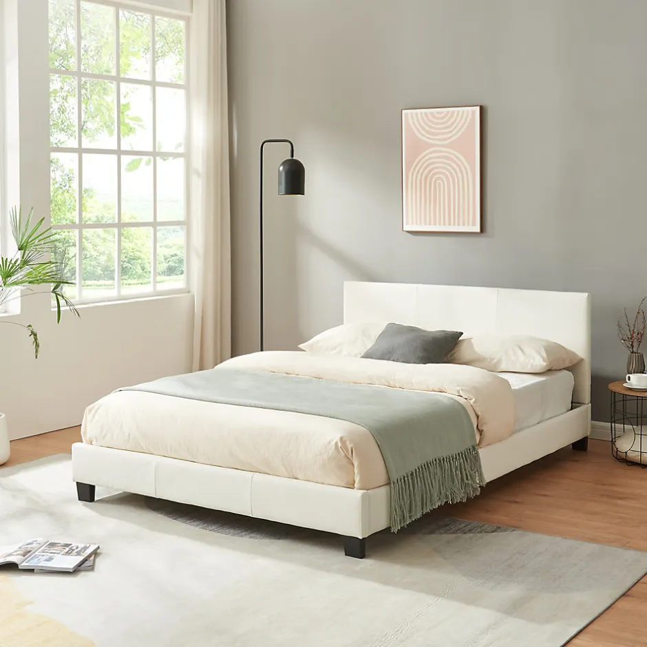 Corium Lit Double Rembourré Albacete Sommier à Lattes Similicuir 140 x 200 cm Blanc