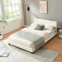 Corium Lit Double Rembourré Albacete Sommier à Lattes Similicuir 140 x 200 cm Blanc
