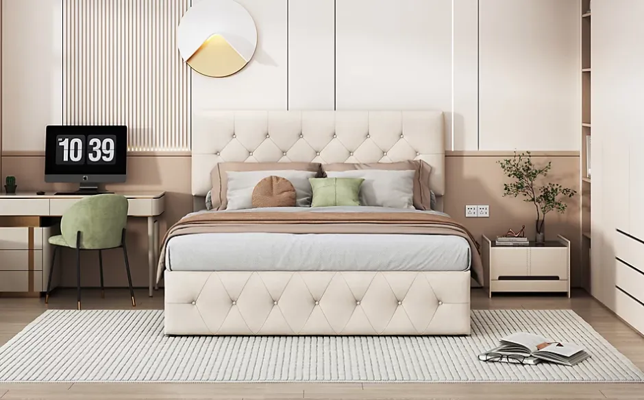 Fortuna lai Lit Double Rembourré Avec Tête De Lit Et Sommier à Lattes En Velours,140x200 Cm,avec Rangement,beige New