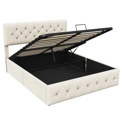 Fortuna lai Lit Double Rembourré Avec Tête De Lit Et Sommier à Lattes En Velours,140x200 Cm,avec Rangement,beige New