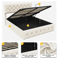 Fortuna lai Lit Double Rembourré Avec Tête De Lit Et Sommier à Lattes En Velours,140x200 Cm,avec Rangement,beige New