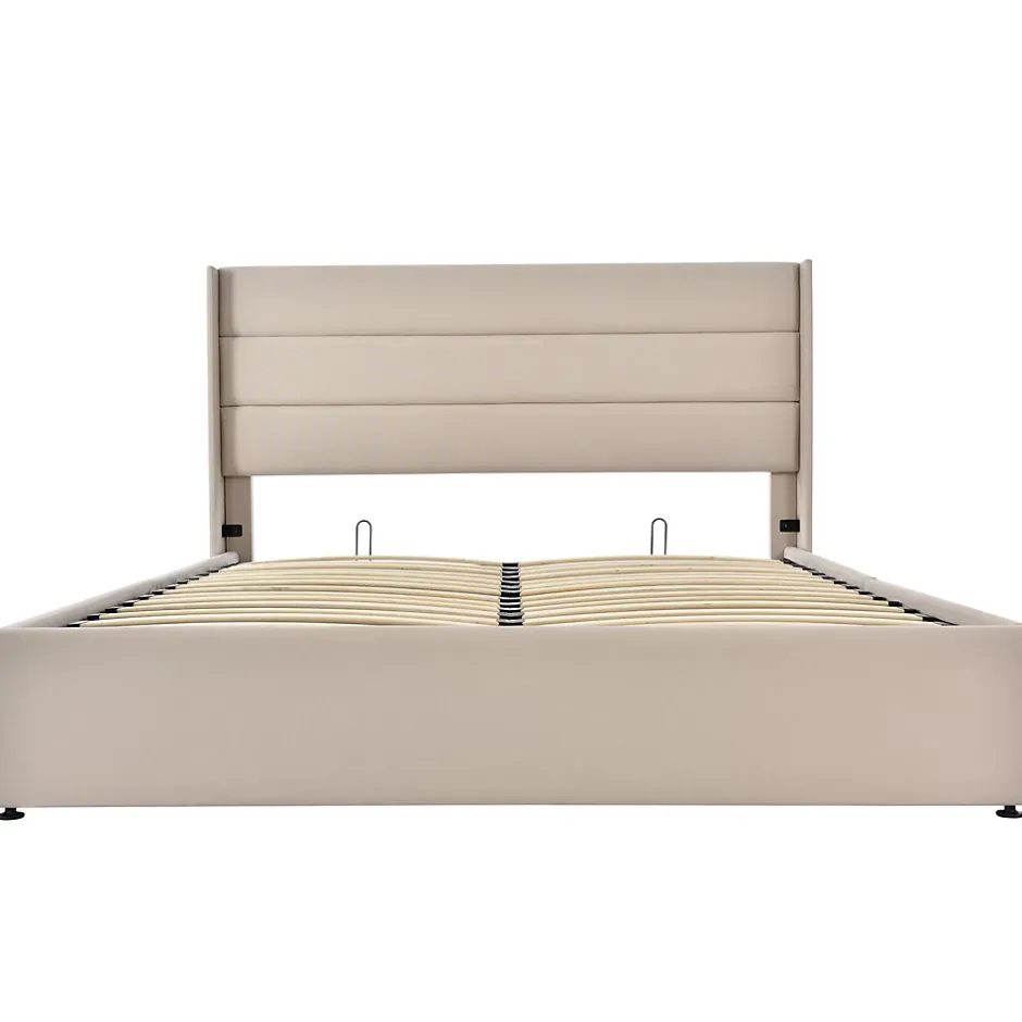 Simple Life Lit Double Rembourré Hydraulique Lit De Rangement, Sommier à Lattes En Bois,beige, 180x200 Cm New