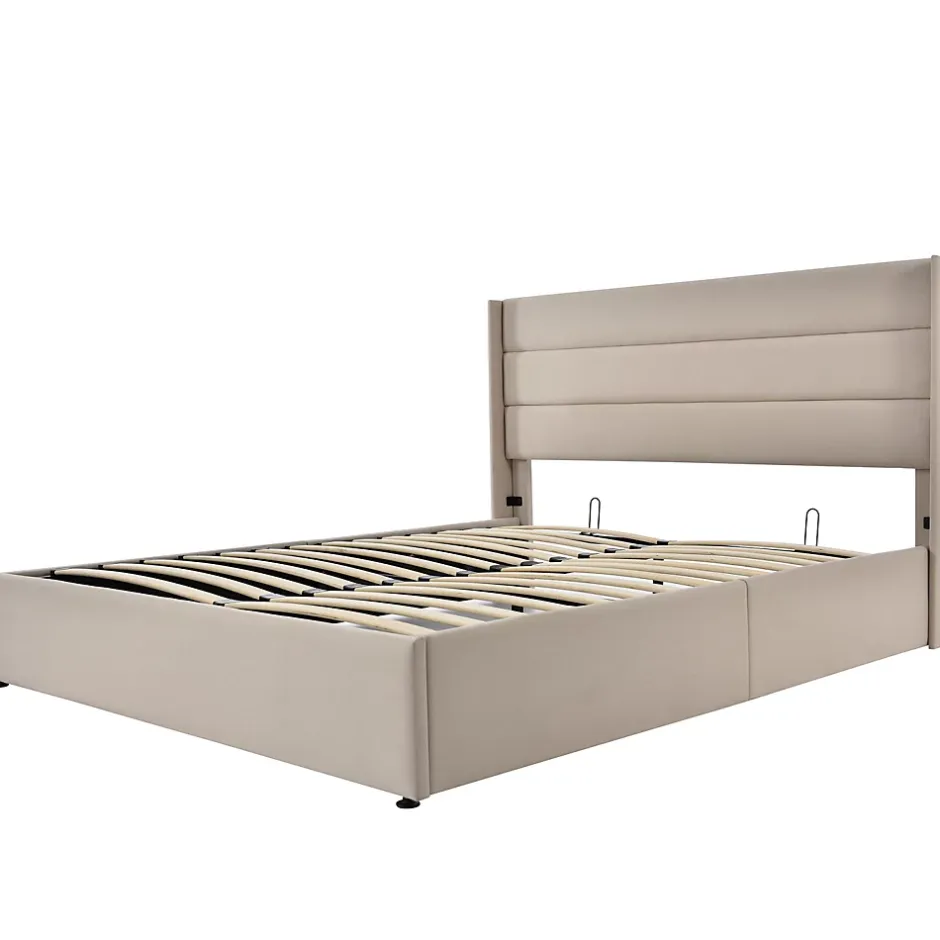 Simple Life Lit Double Rembourré Hydraulique Lit De Rangement, Sommier à Lattes En Bois,beige, 180x200 Cm New