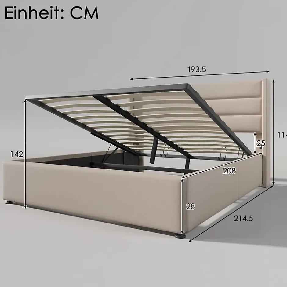 Simple Life Lit Double Rembourré Hydraulique Lit De Rangement, Sommier à Lattes En Bois,beige, 180x200 Cm New