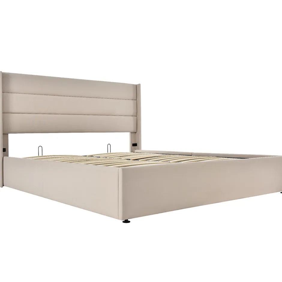 Simple Life Lit Double Rembourré Hydraulique Lit De Rangement, Sommier à Lattes En Bois,beige, 180x200 Cm New