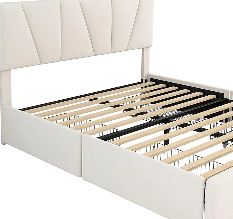 Nature Pro Lit Double Rembourré Velours 140x200cm Beige + Sommier à Lattes avec Cadre de lit Métal + Tête Réglable Chambre Sale
