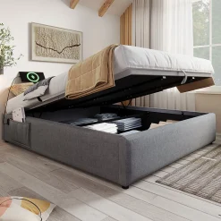 Gutent Lit double rembourré 140x200 cm, Lit de rangement Cadre de lit avec USB- C, Sans tête de lit, Coton, Gris,Sans matelas