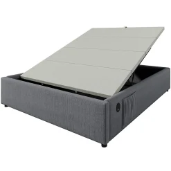Gutent Lit double rembourré 140x200 cm, Lit de rangement Cadre de lit avec USB- C, Sans tête de lit, Coton, Gris,Sans matelas