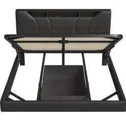 Simple Life Lit double rembourré 140x200 cm, USB, LED, cadre avec tête de lit, rangement, coffre, polyuréthane gris. New