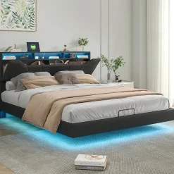Simple Life Lit double rembourré 140x200 cm, USB, LED, cadre avec tête de lit, rangement, coffre, polyuréthane gris. New