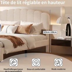 Simple Life Lit double rembourré 160x200cm avec USB et grand tiroirs - tissu en sherpa - Beige Outlet