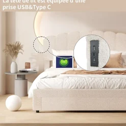 Simple Life Lit double rembourré 140x200cm avec USB et grand tiroirs - tissu en sherpa - Beige Discount
