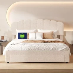 Simple Life Lit double rembourré 140x200cm avec USB et grand tiroirs - tissu en sherpa - Beige Discount