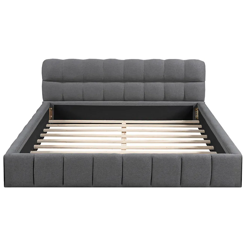 Gutent Lit double rembourré 140x190cm, avec dossier souple, lit plat avec encadrement rembourré et sommier à lattes, lin, gris