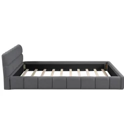 Gutent Lit double rembourré 140x190cm, avec dossier souple, lit plat avec encadrement rembourré et sommier à lattes, lin, gris
