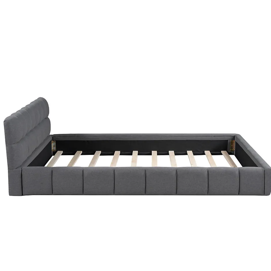 Gutent Lit double rembourré 140x190cm, avec dossier souple, lit plat avec encadrement rembourré et sommier à lattes, lin, gris