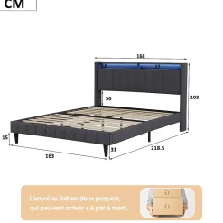 Simple Life Lit Double Rembourré 160x200cm, Cadre de lit avec LED et Prise USB, sommier à Lattes, Gris Discount