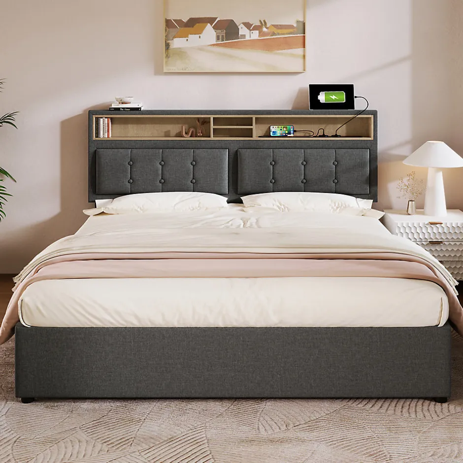 Gutent Lit double rembourré 160x200cm, lit de rangement, avec prise usb c fonction de chargement tête de lit,sommier à lattes, lin, gris