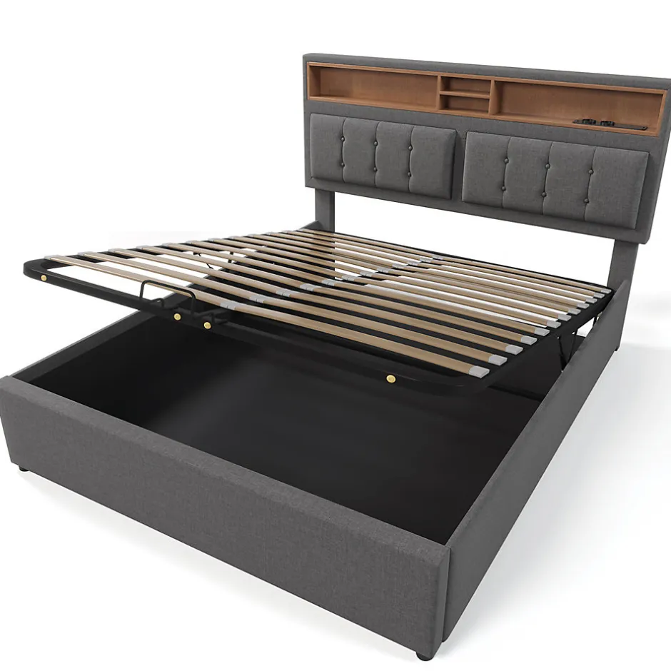 Gutent Lit double rembourré 160x200cm, lit de rangement, avec prise usb c fonction de chargement tête de lit,sommier à lattes, lin, gris