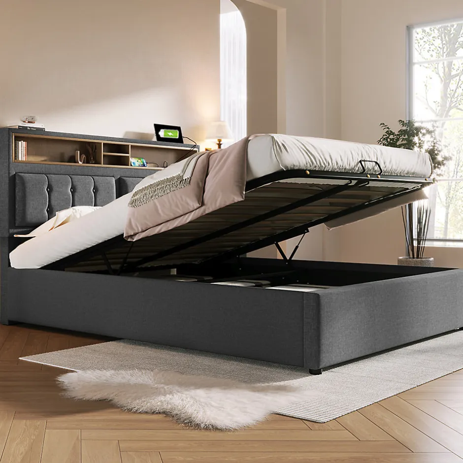 Gutent Lit double rembourré 160x200cm, lit de rangement, avec prise usb c fonction de chargement tête de lit,sommier à lattes, lin, gris