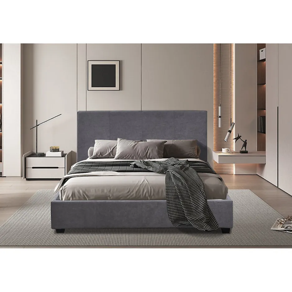 Meublorama Lit double ROMA 140x200 cm PU gris Sommier inclus Design moderne Structure MDF