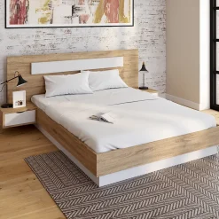IDMarket Lit double SANTA avec tête de lit + tables de chevet intégrées et sommier 140 x 190 cm bois et blanc