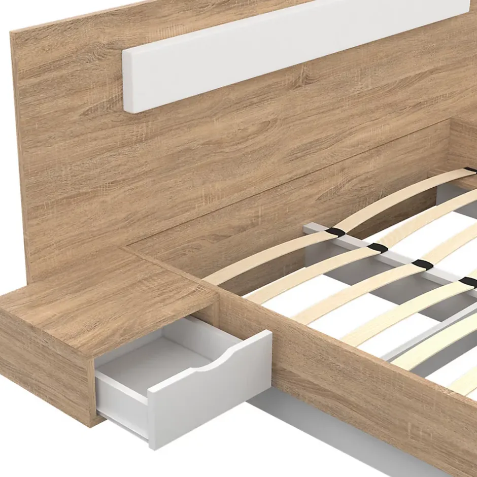 IDMarket Lit double SANTA avec tête de lit + tables de chevet intégrées et sommier 140 x 190 cm bois et blanc