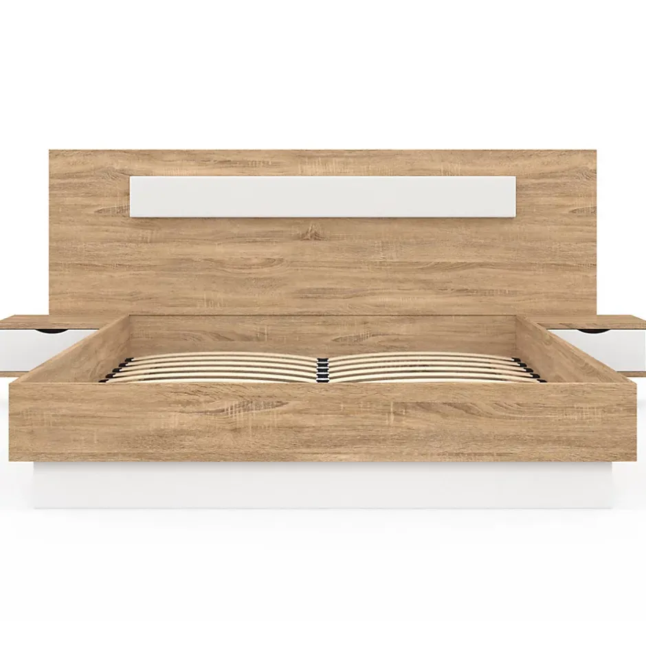 IDMarket Lit double SANTA avec tête de lit + tables de chevet intégrées et sommier 140 x 190 cm bois et blanc