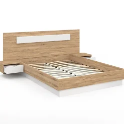 IDMarket Lit double SANTA avec tête de lit + tables de chevet intégrées et sommier 140 x 190 cm bois et blanc