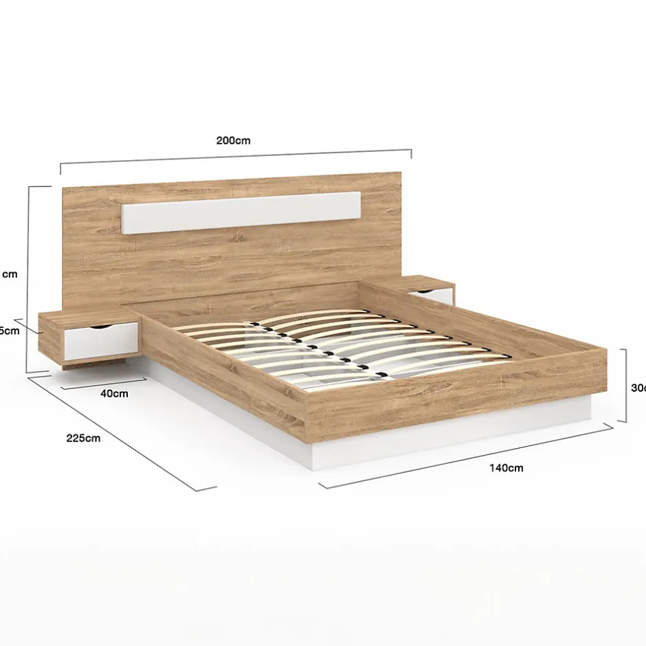 IDMarket Lit double SANTA avec tête de lit + tables de chevet intégrées et sommier 140 x 190 cm bois et blanc