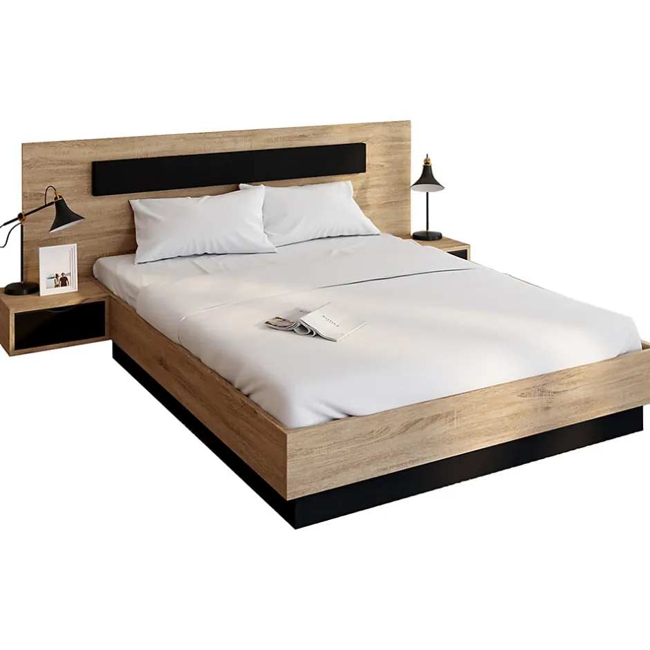 IDMarket Lit double SANTA avec tête de lit + tables de chevet intégrées et sommier 140 x 190 cm bois et noir Outlet
