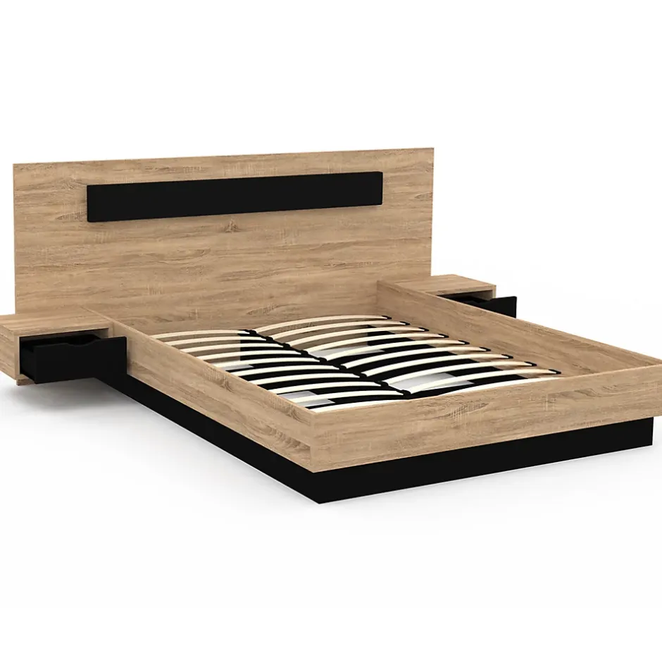 IDMarket Lit double SANTA avec tête de lit + tables de chevet intégrées et sommier 140 x 190 cm bois et noir Outlet
