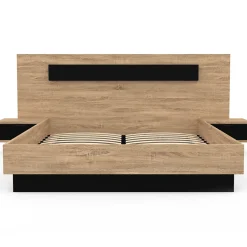 IDMarket Lit double SANTA avec tête de lit + tables de chevet intégrées et sommier 140 x 190 cm bois et noir Outlet