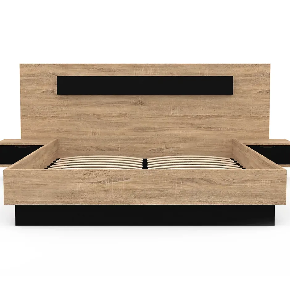 IDMarket Lit double SANTA avec tête de lit + tables de chevet intégrées et sommier 140 x 190 cm bois et noir Outlet
