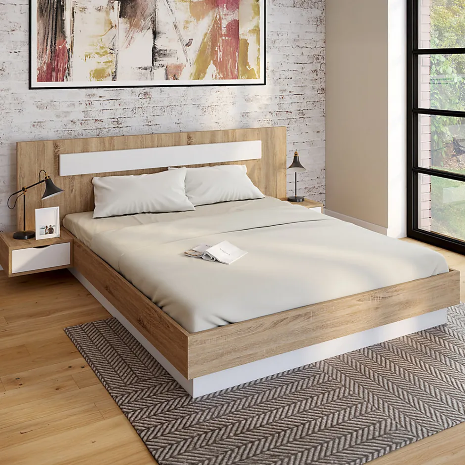 IDMarket Lit double SANTA avec tête de lit + tables de chevet intégrées et sommier 160 x 200 cm bois et blanc
