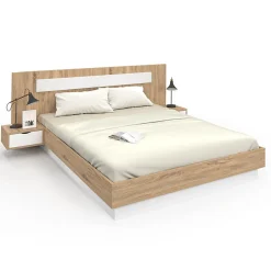 IDMarket Lit double SANTA avec tête de lit + tables de chevet intégrées et sommier 160 x 200 cm bois et blanc