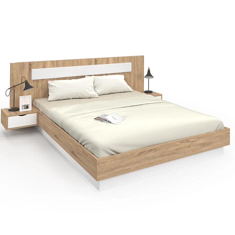 IDMarket Lit double SANTA avec tête de lit + tables de chevet intégrées et sommier 160 x 200 cm bois et blanc