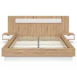 IDMarket Lit double SANTA avec tête de lit + tables de chevet intégrées et sommier 160 x 200 cm bois et blanc